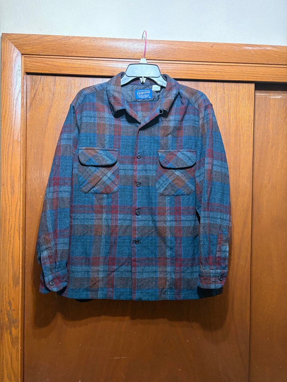 Pendleton 100% Virgin Wool Plaid Shirt Jacket Blue Burgundy Gray Pocket XL